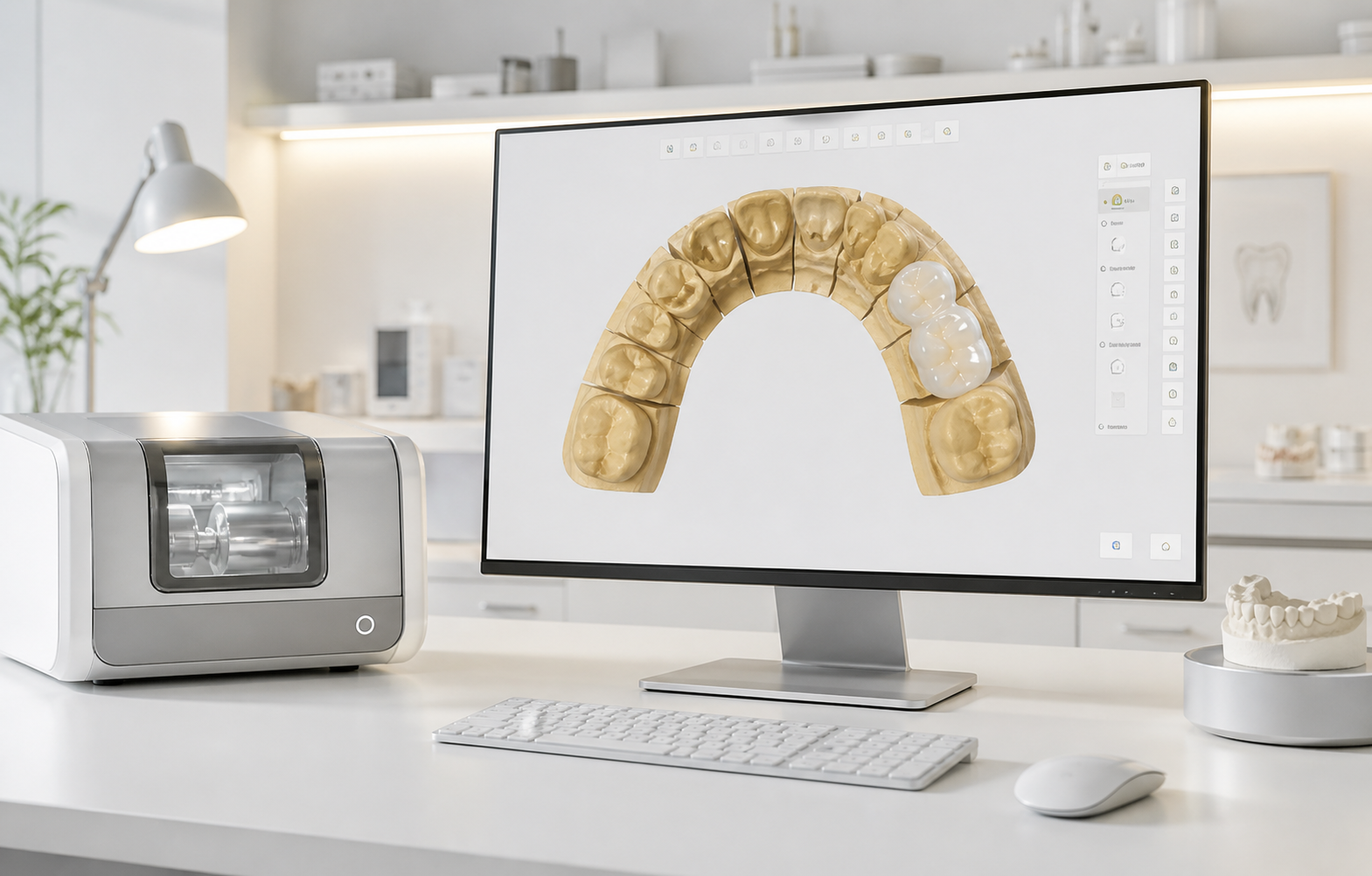 치아 데이터를 설계하는 DentOne 디지털 화면