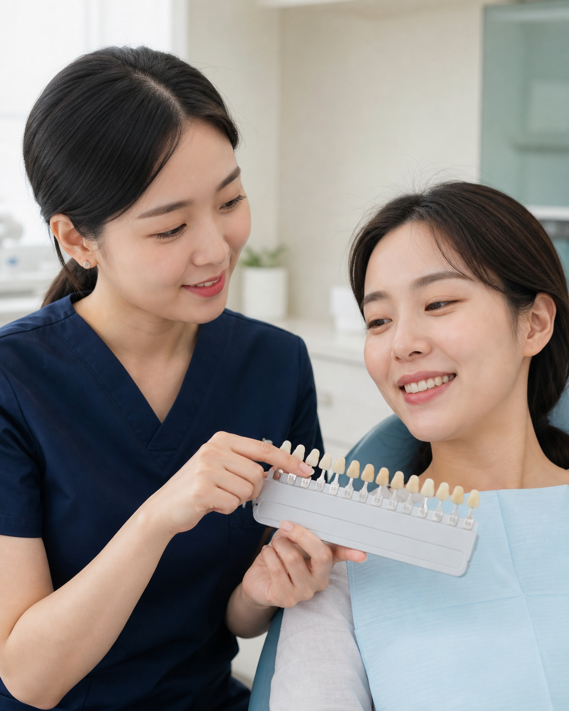 치아 색상표로 현재 밝기를 확인하는 미백 상담