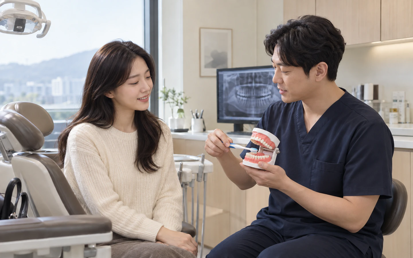의료진이 환자에게 치료 후 관리 방법을 설명하는 모습