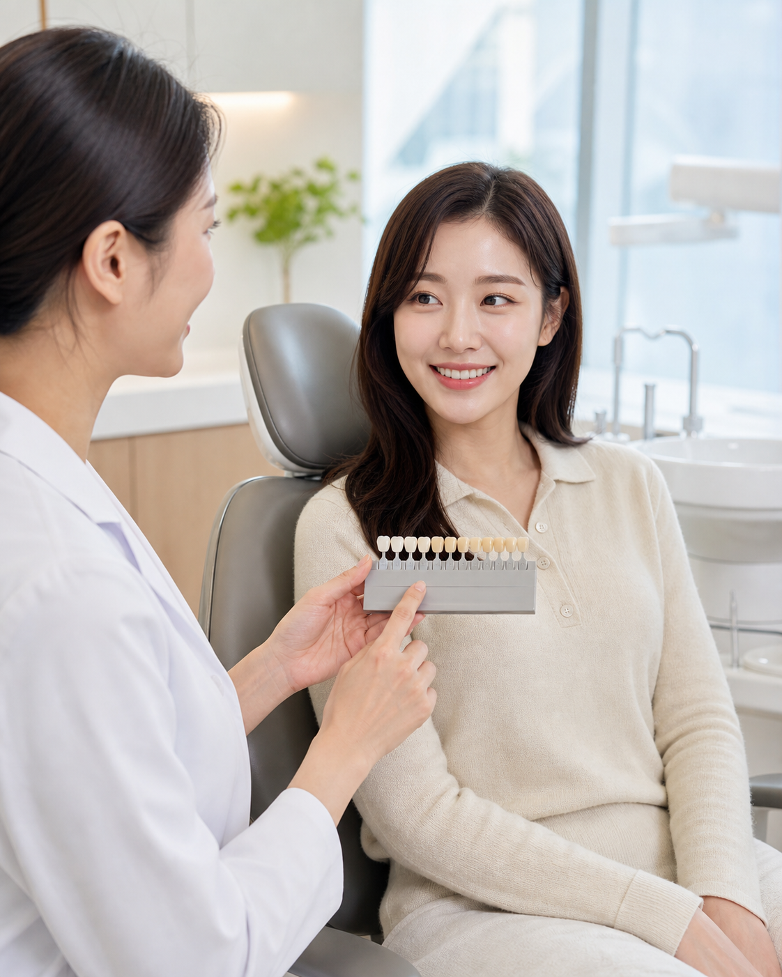 환자와 치아 밝기를 비교하는 의료진